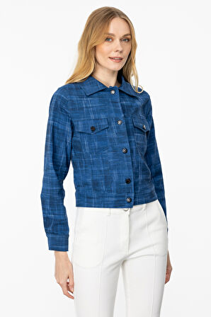 Kadın Cepli Düğmeli Ceket-İndigo | L