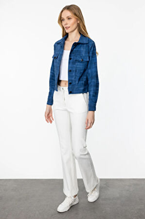 Kadın Cepli Düğmeli Ceket-İndigo | L