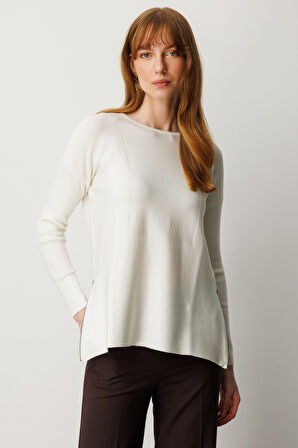 On Kadın Yanları Fermuarlı Sıfır Yaka Triko Kazak 65318 Ekru