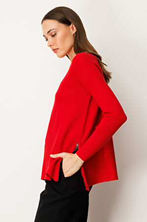 On Kadın Yanları Fermuarlı Sıfır Yaka Triko Kazak 65318 Kırmızı