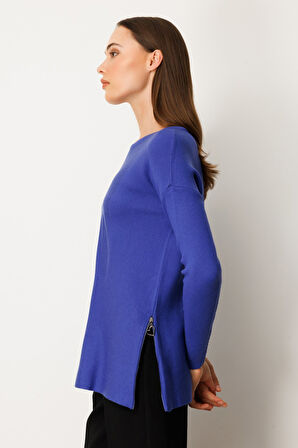 On Kadın Yanları Fermuarlı Sıfır Yaka Triko Kazak 65318 Saks