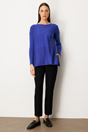 On Kadın Yanları Fermuarlı Sıfır Yaka Triko Kazak 65318 Saks