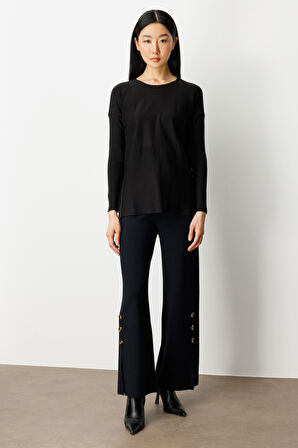 On Kadın Yanları Fermuarlı Sıfır Yaka Triko Kazak 65318 Siyah