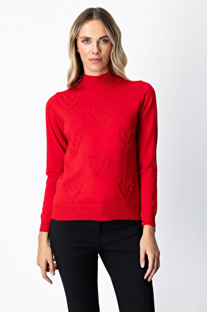 On Kadın Püsküllü Kalp Detaylı Dik Yaka Kazak 65325 Kırmızı