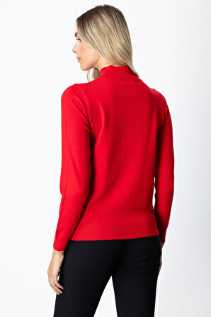 On Kadın Püsküllü Kalp Detaylı Dik Yaka Kazak 65325 Kırmızı