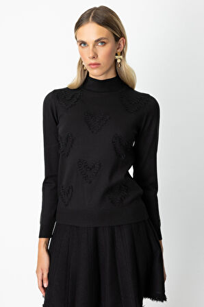 On Kadın Püsküllü Kalp Detaylı Dik Yaka Kazak 65325 Siyah