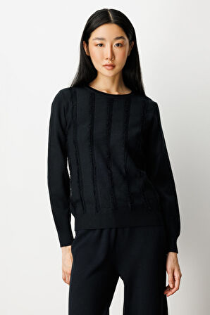 On Kadın Sıfır Yaka Püskül Detaylı Triko Kazak 65306 Siyah