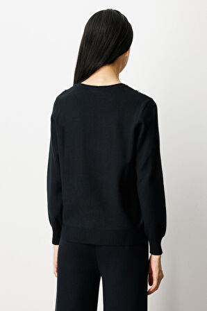 On Kadın Sıfır Yaka Püskül Detaylı Triko Kazak 65306 Siyah