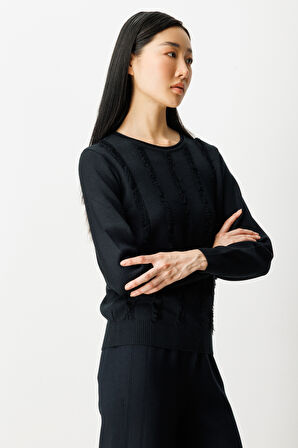 On Kadın Sıfır Yaka Püskül Detaylı Triko Kazak 65306 Siyah