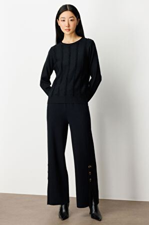 On Kadın Sıfır Yaka Püskül Detaylı Triko Kazak 65306 Siyah