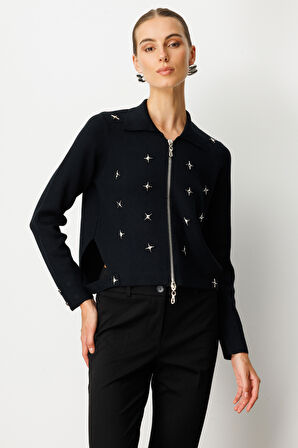 On Kadın Zımbalı Fermuarlı Triko Hırka 65905 Siyah