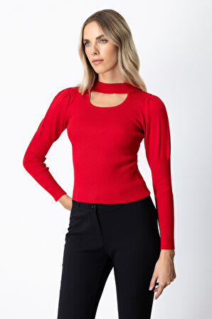 On Kadın Balon Kol Pencere Detaylı Kazak 65303 Kırmızı