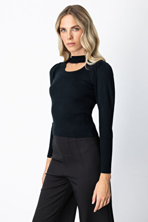 On Kadın Balon Kol Pencere Detaylı Kazak 65303 Siyah