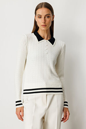 On Kadın Polo Yaka Örgü Desenli Triko Kazak 65332 Ekru