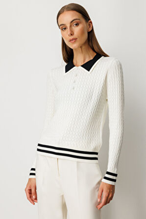 On Kadın Polo Yaka Örgü Desenli Triko Kazak 65332 Ekru