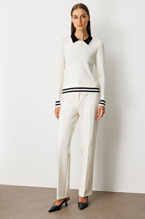 On Kadın Polo Yaka Örgü Desenli Triko Kazak 65332 Ekru