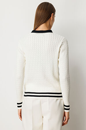 On Kadın Polo Yaka Örgü Desenli Triko Kazak 65332 Ekru