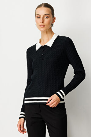 On Kadın Polo Yaka Örgü Desenli Triko Kazak 65332 Siyah