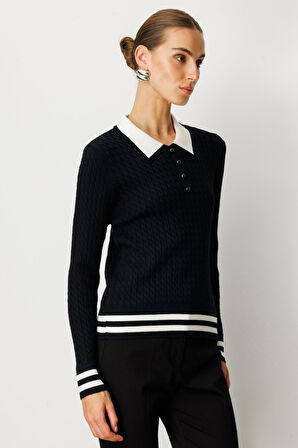 On Kadın Polo Yaka Örgü Desenli Triko Kazak 65332 Siyah