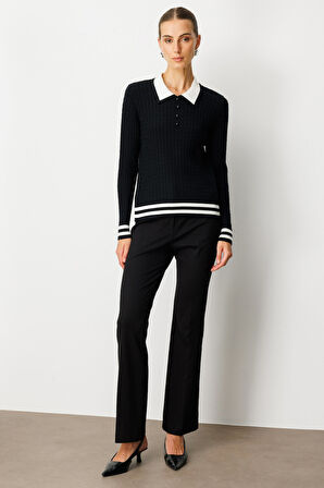 On Kadın Polo Yaka Örgü Desenli Triko Kazak 65332 Siyah