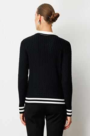 On Kadın Polo Yaka Örgü Desenli Triko Kazak 65332 Siyah