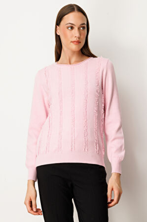 On Kadın Sıfır Yaka Püskül Detaylı Triko Kazak 65306 Pembe