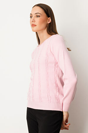 On Kadın Sıfır Yaka Püskül Detaylı Triko Kazak 65306 Pembe