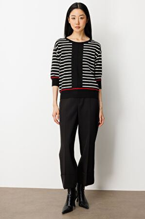 On Kadın Yarım Kol Çizgili Kazak 65302 Siyah