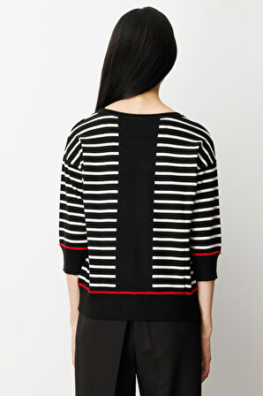 On Kadın Yarım Kol Çizgili Kazak 65302 Siyah