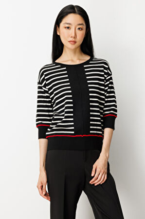 On Kadın Yarım Kol Çizgili Kazak 65302 Siyah