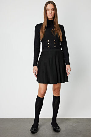 On Kadın Pileli Mini Triko Etek 65203 Siyah