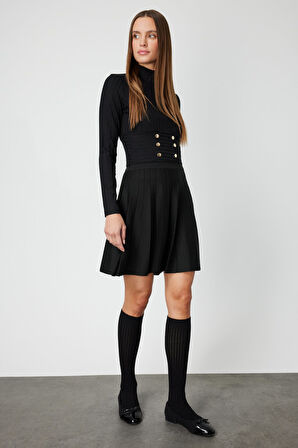 On Kadın Pileli Mini Triko Etek 65203 Siyah