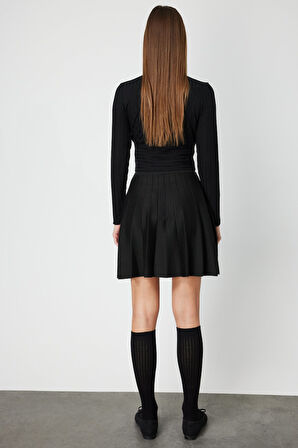 On Kadın Pileli Mini Triko Etek 65203 Siyah