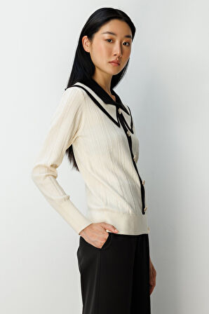 On Kadın Çift Yaka Düğme Detaylı Triko Kazak 66460 Krem