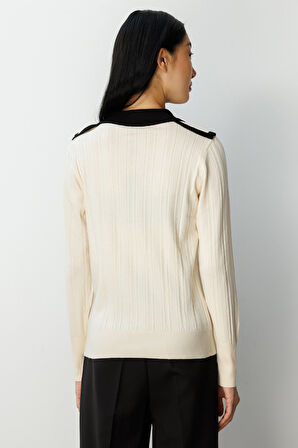 On Kadın Çift Yaka Düğme Detaylı Triko Kazak 66460 Krem