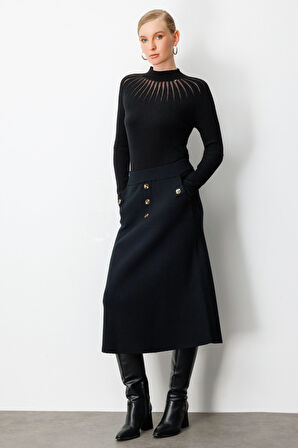 On Kadın Düğmeli Triko Etek 65207 Siyah