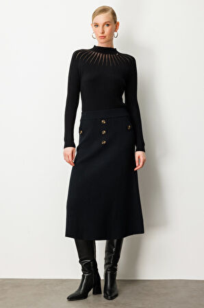 On Kadın Düğmeli Triko Etek 65207 Siyah