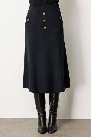 On Kadın Düğmeli Triko Etek 65207 Siyah