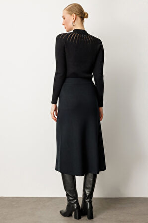 On Kadın Düğmeli Triko Etek 65207 Siyah