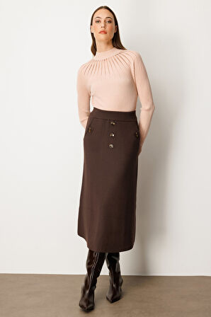 On Kadın Düğmeli Triko Etek 65207 Kahverengi