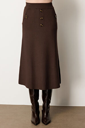 On Kadın Düğmeli Triko Etek 65207 Kahverengi