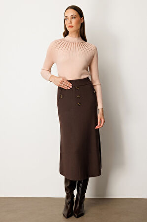On Kadın Düğmeli Triko Etek 65207 Kahverengi