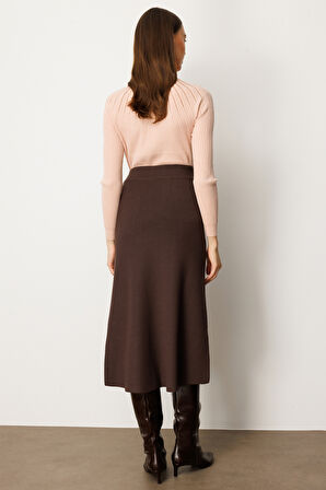 On Kadın Düğmeli Triko Etek 65207 Kahverengi
