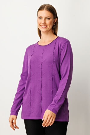 On Kadın Büyük Beden Kendinden Desenli Triko Kazak 65329 Mor