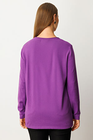 On Kadın Büyük Beden Kendinden Desenli Triko Kazak 65329 Mor