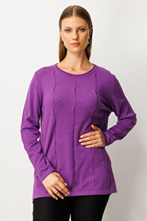 On Kadın Büyük Beden Kendinden Desenli Triko Kazak 65329 Mor