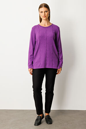 On Kadın Büyük Beden Kendinden Desenli Triko Kazak 65329 Mor