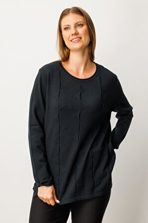 On Kadın Büyük Beden Kendinden Desenli Triko Kazak 65329 Siyah