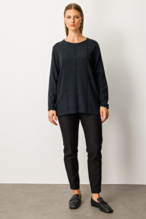 On Kadın Büyük Beden Kendinden Desenli Triko Kazak 65329 Siyah