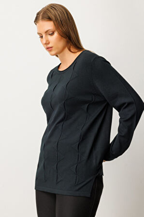 On Kadın Büyük Beden Kendinden Desenli Triko Kazak 65329 Siyah